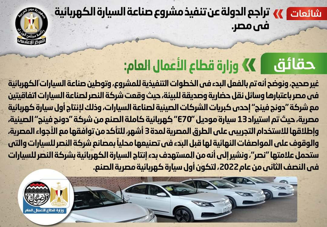 المركز الاعلامى للوزراء ينفى شائعة تراجع الدولة عن تنفيذ مشروع صناعة السيارة الكهربائية في مصر