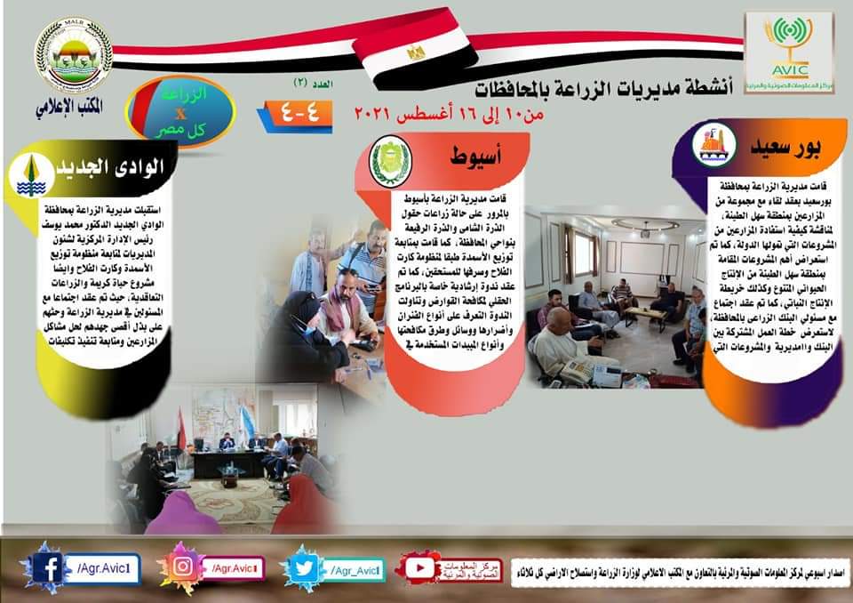 » انفوجراف “الزراعة في كل مصر” العدد الثاني.. تعرف على أنشطة وجهود مديريات الزراعة خلال الفترة من ١٠ إلى ١٦ أغسطس الجاري