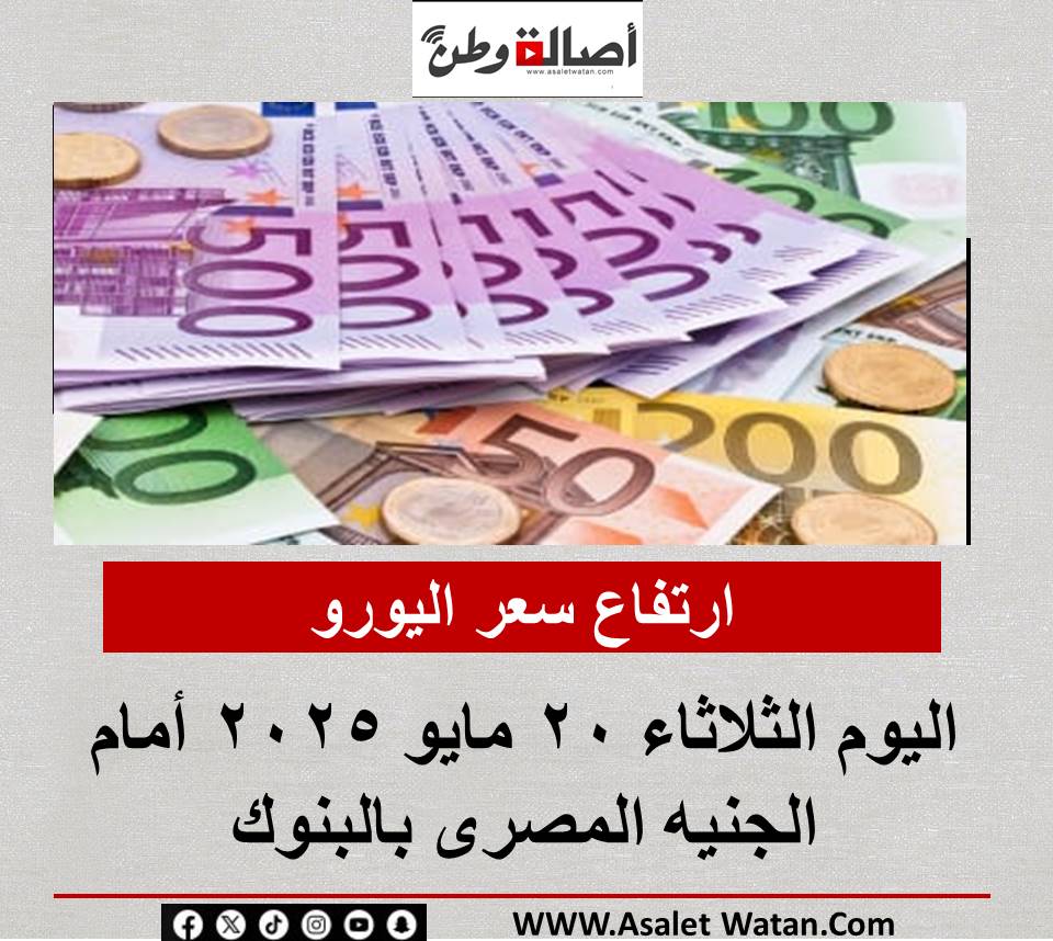ارتفاع سعر اليورو اليوم الثلاثاء 20 مايو 2025 أمام الجنيه المصرى بالبنوك