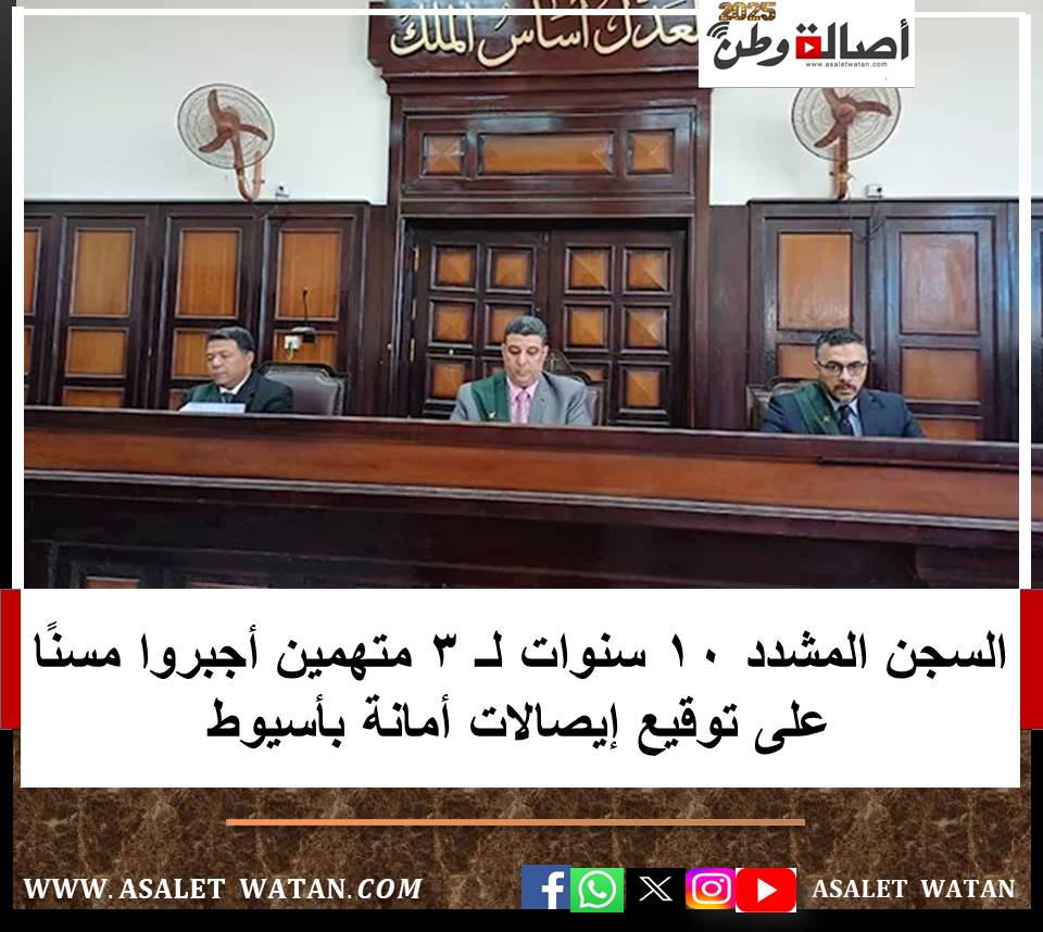 السجن المشدد 10 سنوات لـ 3 متهمين أجبروا مسنًا على توقيع إيصالات أمانة بأسيوط