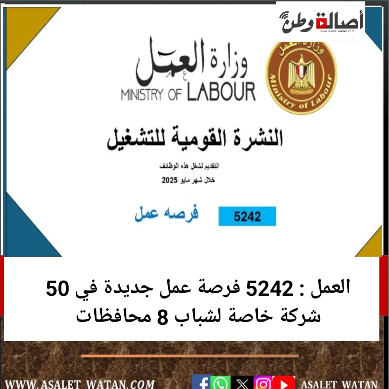 العمل : 5242 فرصة عمل جديدة في 50 شركة خاصة لشباب 8 محافظات