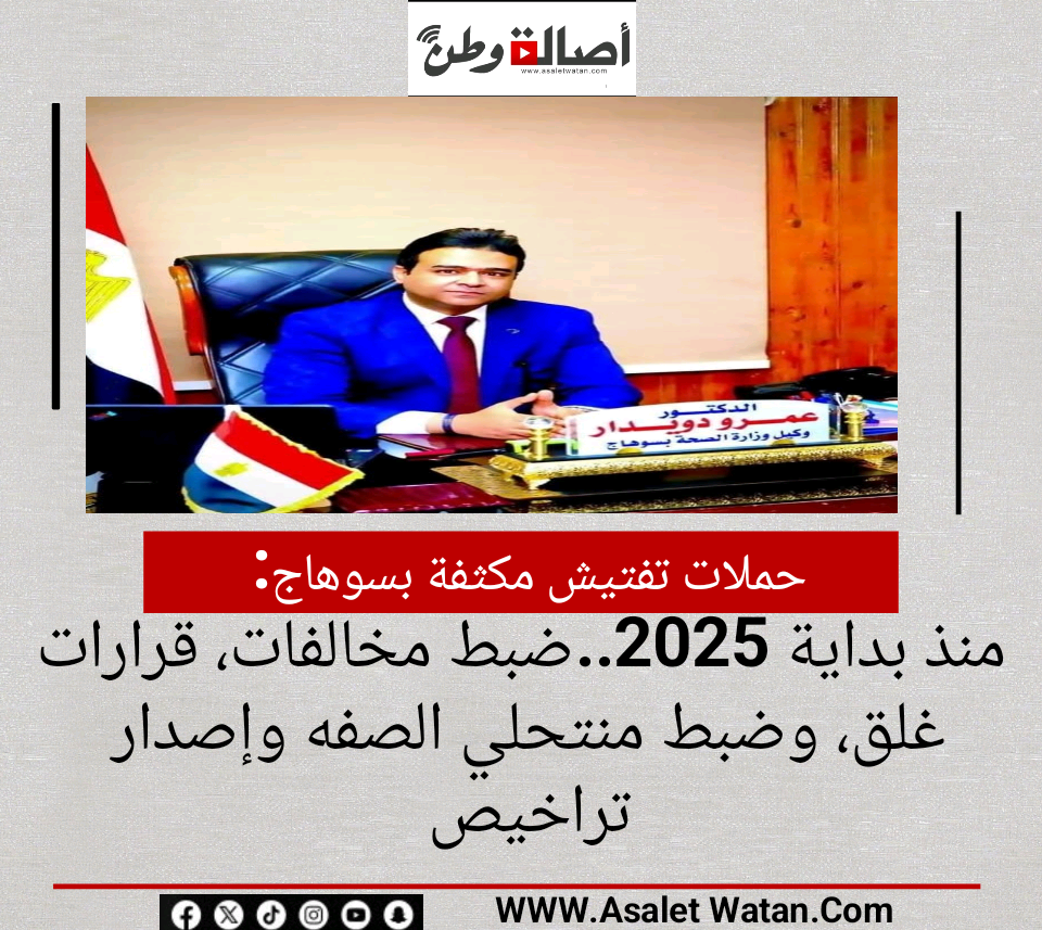 حملات تفتيش مكثفة بسوهاج منذ بداية 2025..ضبط مخالفات، قرارات غلق، وضبط منتحلي الصفه وإصدار تراخيص