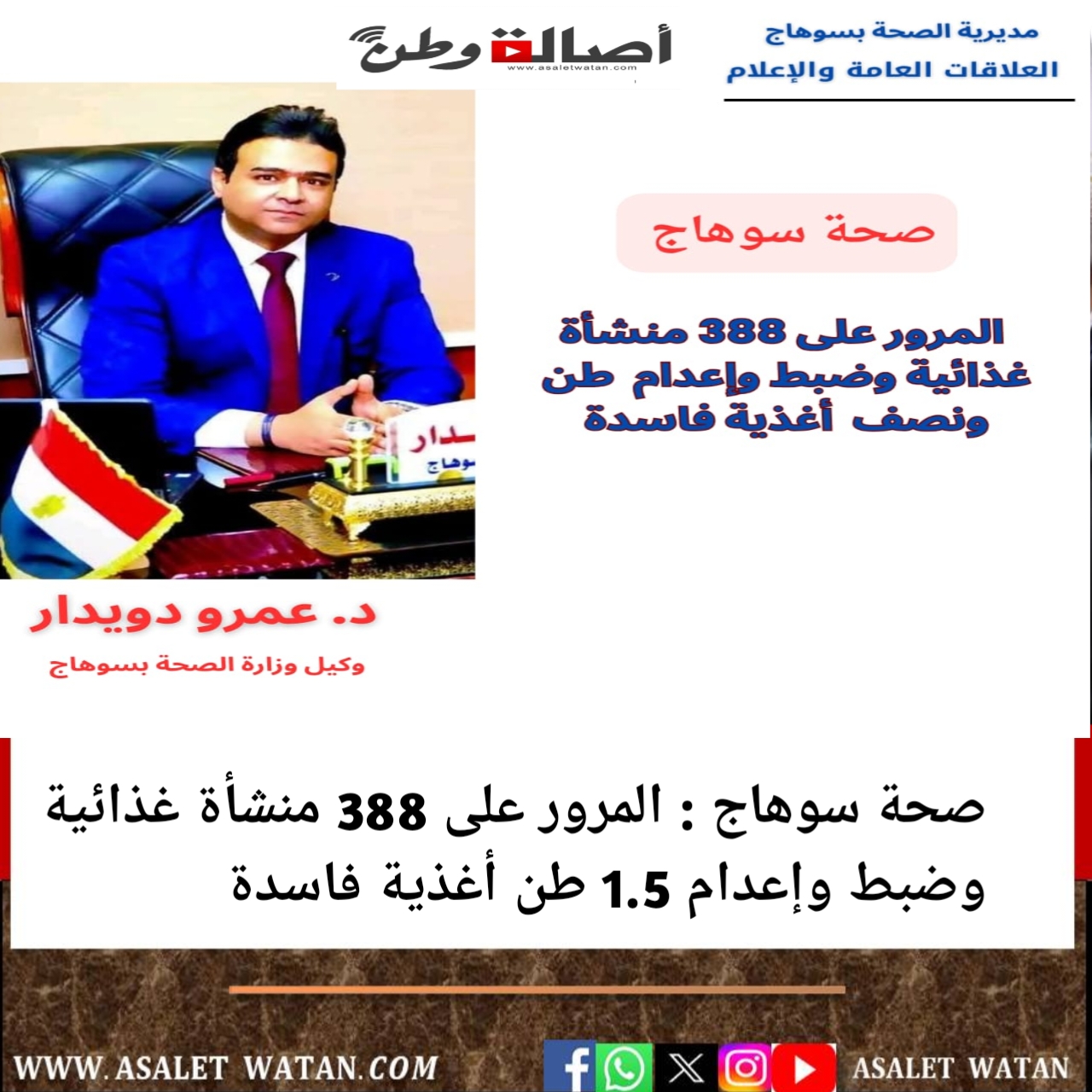 صحة سوهاج : المرور على 388 منشأة غذائية وضبط وإعدام 1.5 طن أغذية فاسدة