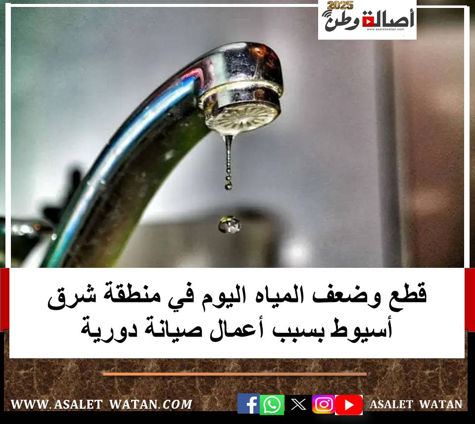 قطع وضعف المياه اليوم في منطقة شرق أسيوط بسبب أعمال صيانة دورية