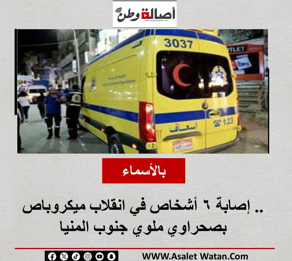 بالأسماء.. إصابة 6 أشخاص في انقلاب ميكروباص بصحراوي ملوي جنوب المنيا