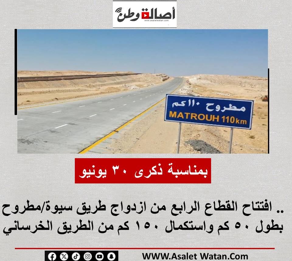 بمناسبة ذكرى 30 يونيو.. افتتاح القطاع الرابع من ازدواج طريق سيوة/مطروح بطول 50 كم واستكمال 150 كم من الطريق الخرساني