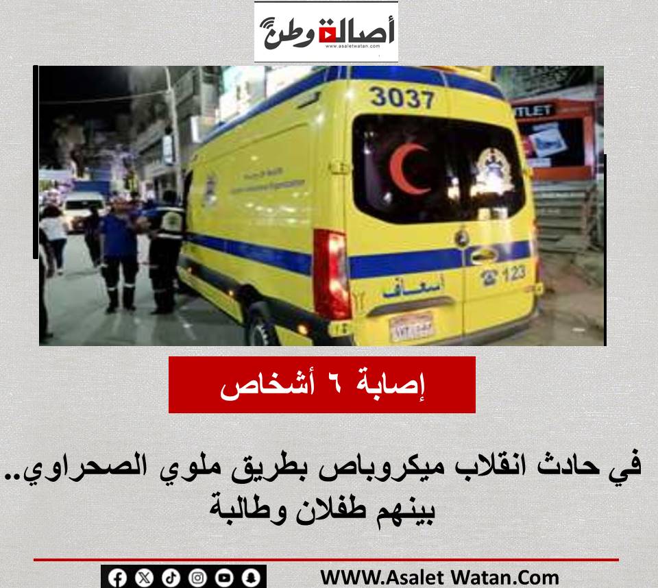 إصابة 6 أشخاص في حادث انقلاب ميكروباص بطريق ملوي الصحراوي.. بينهم طفلان وطالبة