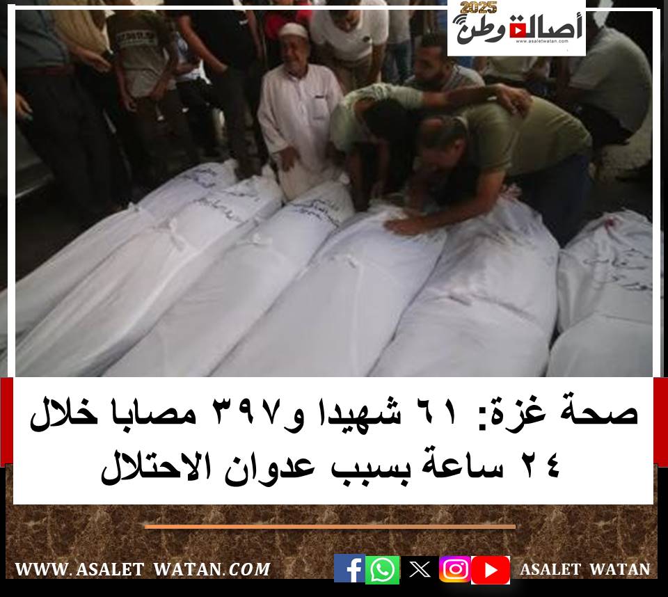 صحة غزة: 61 شهيدا و397 مصابا خلال 24 ساعة بسبب عدوان الاحتلال