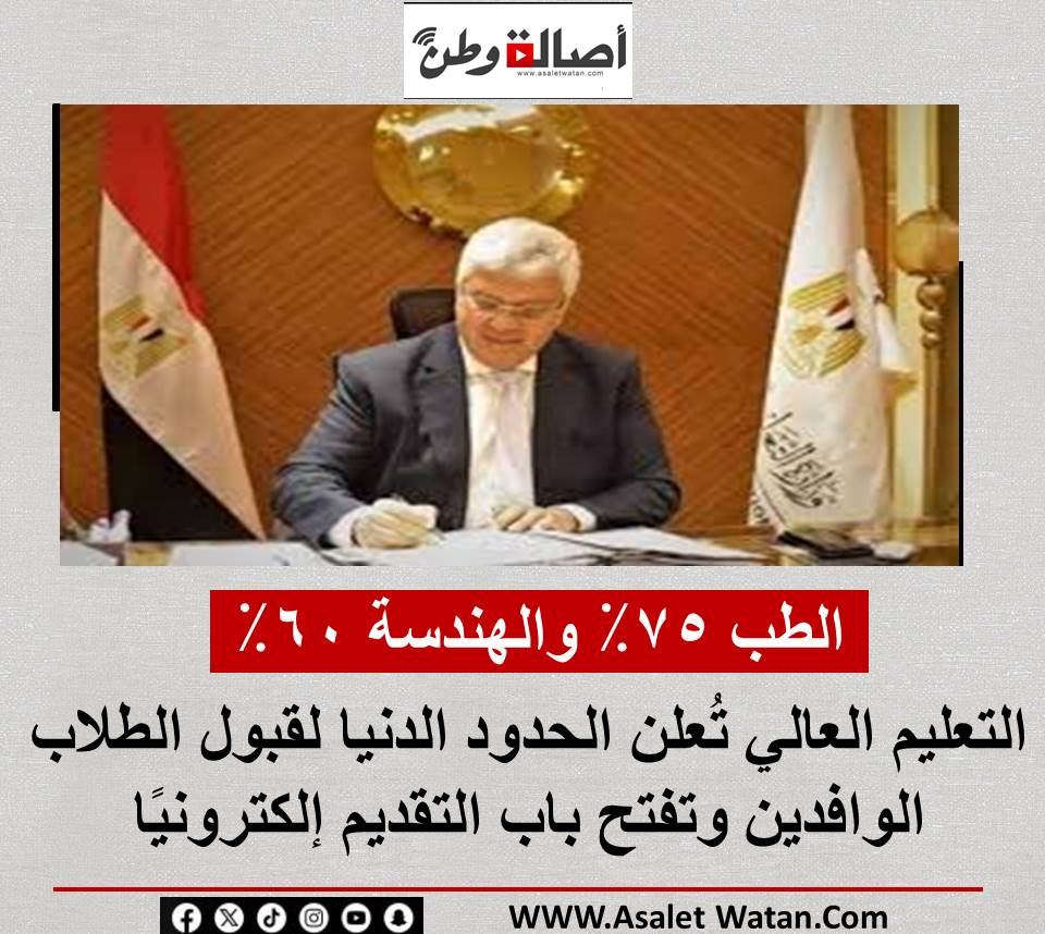 الطب 75٪ والهندسة 60٪.. التعليم العالي تُعلن الحدود الدنيا لقبول الطلاب الوافدين وتفتح باب التقديم إلكترونيًا