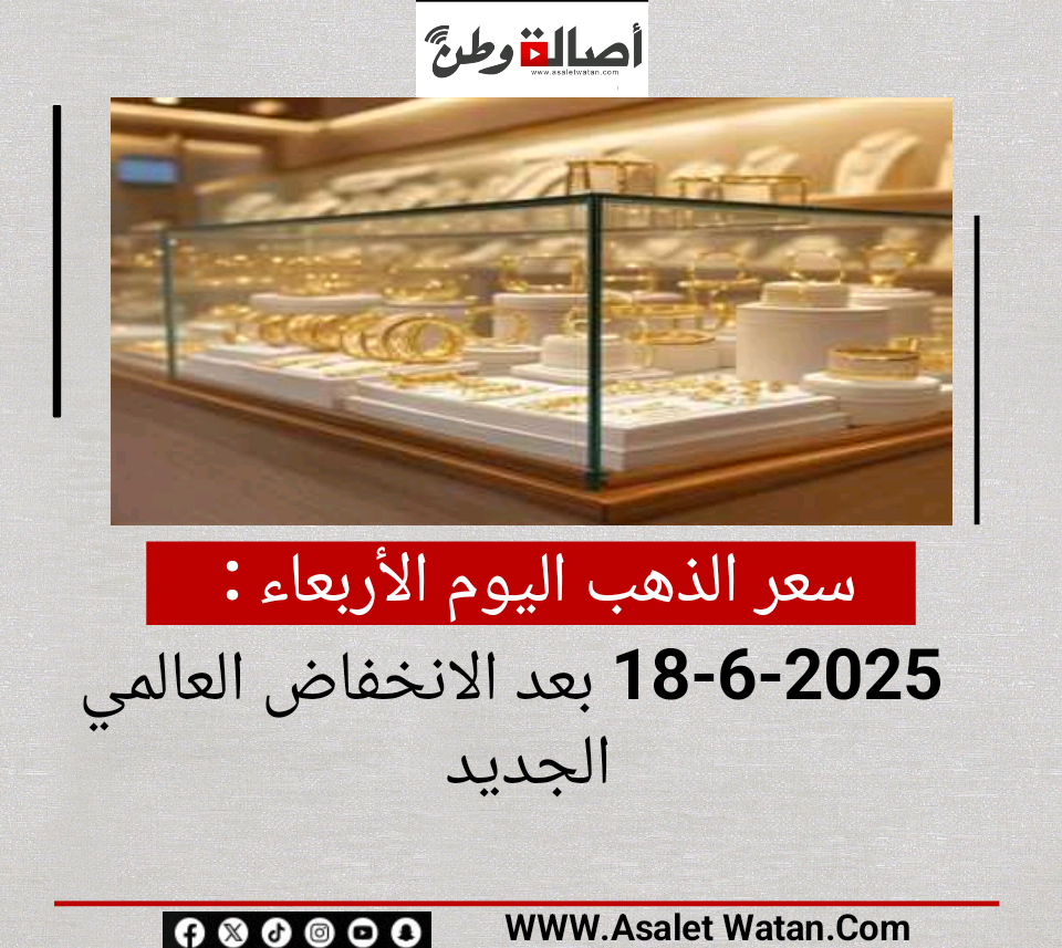 سعر الذهب اليوم الأربعاء 18-6-2025 بعد الانخفاض العالمي الجديد