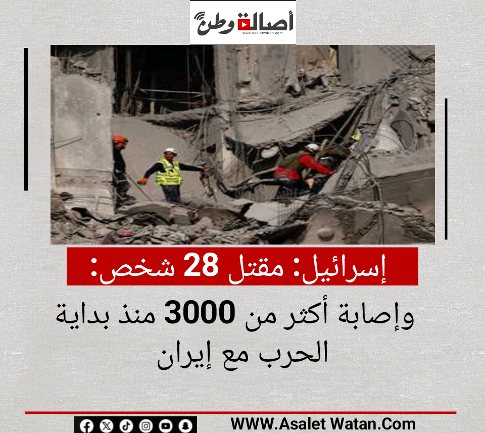 إس-رائيل: مقتل 28 شخص وإصابة أكثر من 3000 منذ بداية الحرب مع إيران