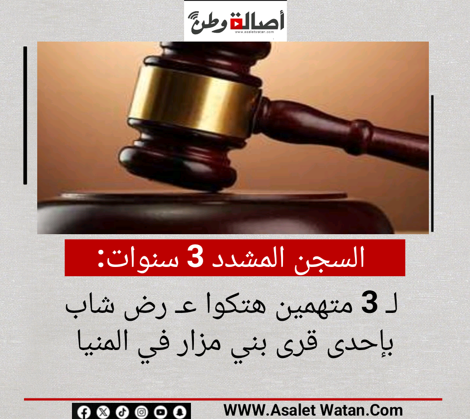 السجن المشدد 3 سنوات لـ 3 متهمين هتكوا عـ رض شاب بإحدى قرى بني مزار في المنيا