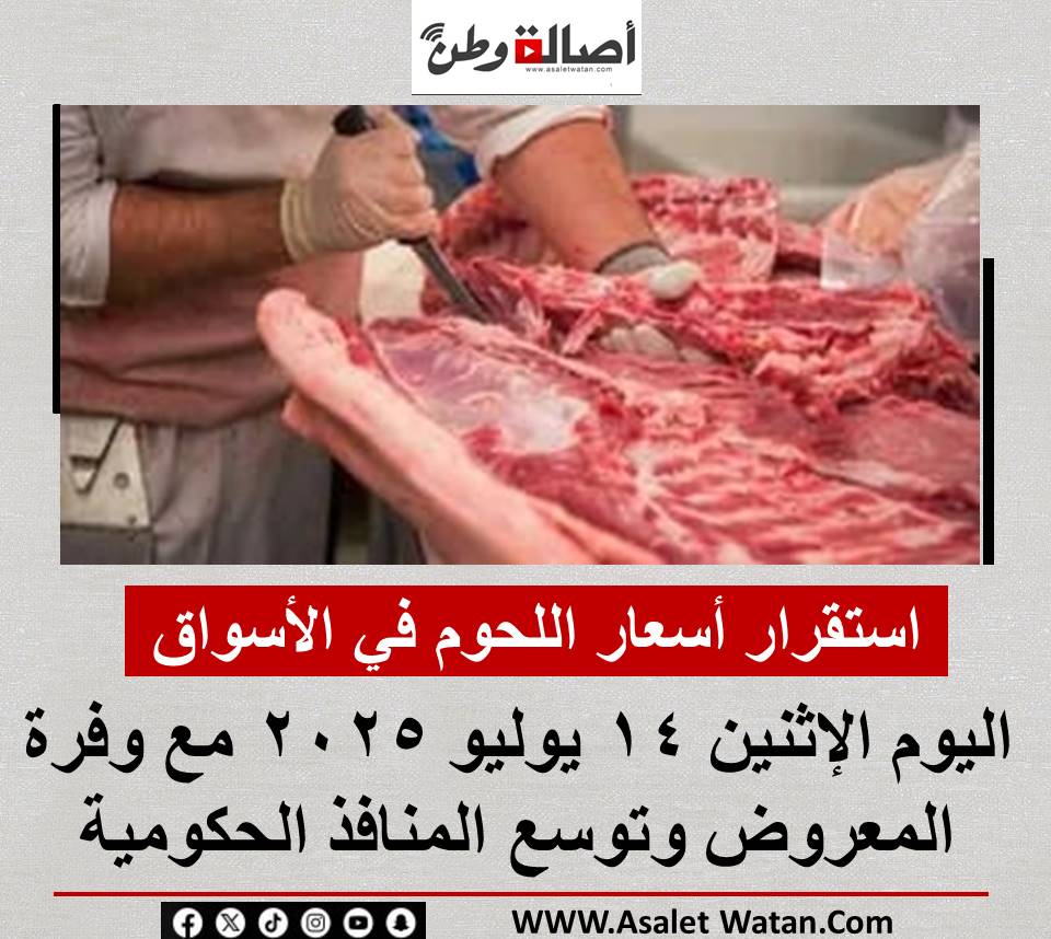 استقرار أسعار اللحوم في الأسواق اليوم الإثنين 14 يوليو 2025 مع وفرة المعروض وتوسع المنافذ الحكومية