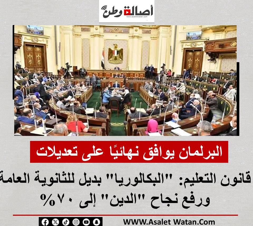 البرلمان يوافق نهائيًا على تعديلات قانون التعليم: “البكالوريا” بديل للثانوية العامة ورفع نجاح “الدين” إلى 70%